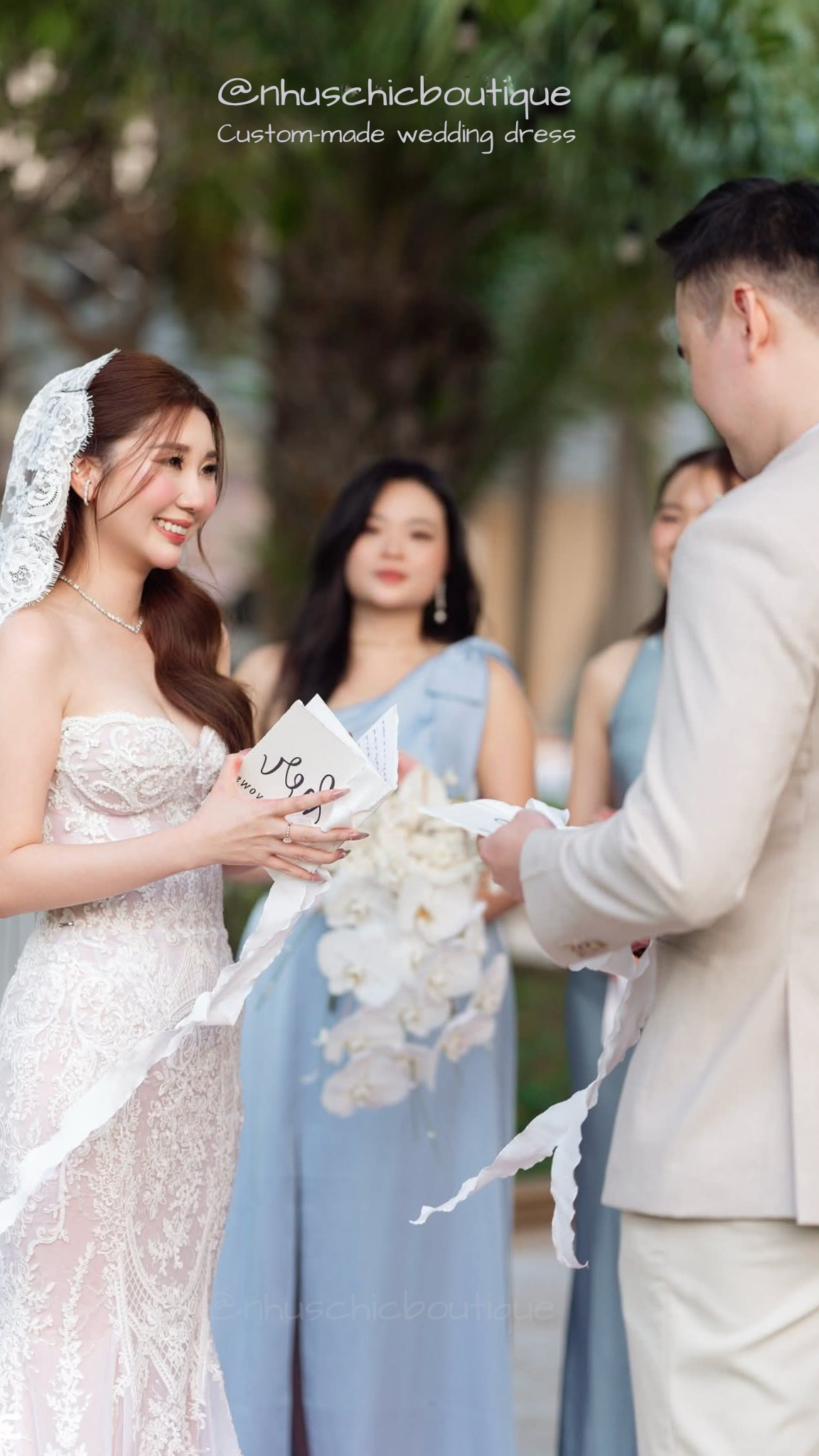 WD050-The Isla Bespoke Mermaid Wedding Gown – Hand-Appliquéd Lace Silhouette with Mantilla Cathedral Veil