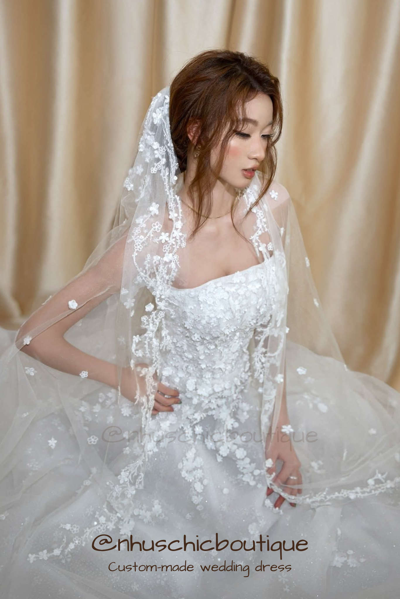 WD054-Florence Dress-Custom 3D Floral Appliqué Strapless A-Line Wedding Dress with Sparkle Tulle