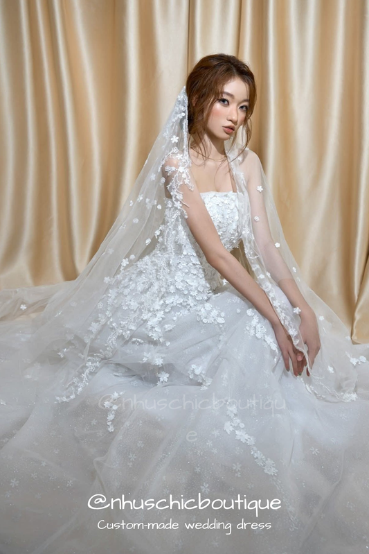 WD054-Florence Dress-Custom 3D Floral Appliqué Strapless A-Line Wedding Dress with Sparkle Tulle