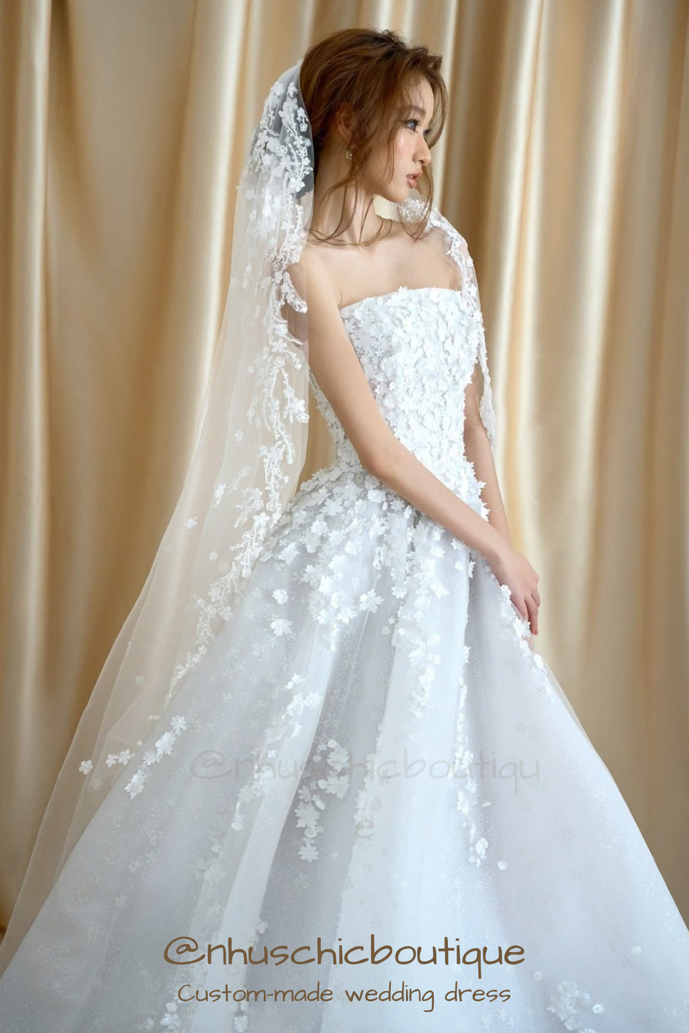 WD054-Florence Dress-Custom 3D Floral Appliqué Strapless A-Line Wedding Dress with Sparkle Tulle