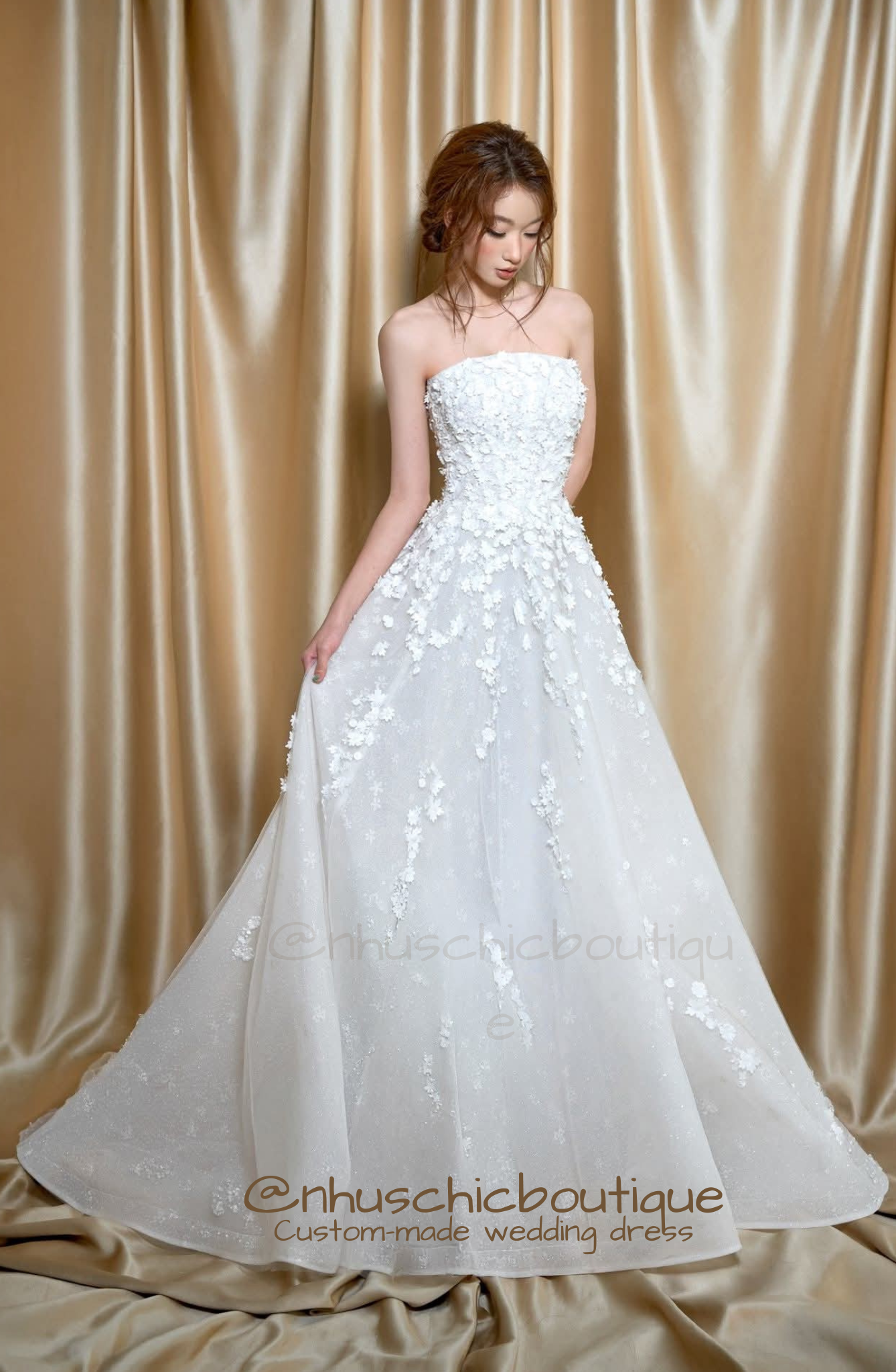 WD054-Florence Dress-Custom 3D Floral Appliqué Strapless A-Line Wedding Dress with Sparkle Tulle