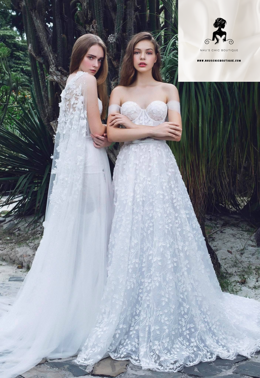 WD022-Off-Shoulder 3D Floral Lace Wedding Dress with Slit & Detachable Cape