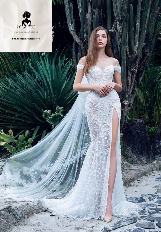WD023-Sweetheart Lace Wedding Dress with Off-Shoulder Tulle Sleeves